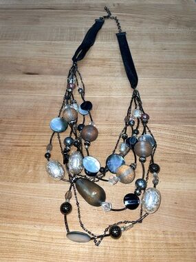 Chicos Multi- Strand Mixed Bead Statement Necklace - Brown, Black, cream